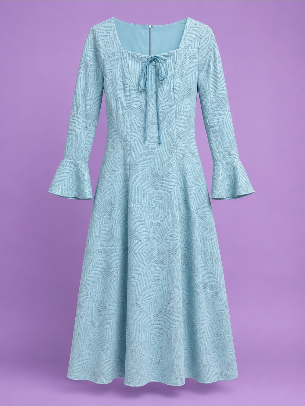 Mint Green Textured Fit-and-Flare Dress with Bell Sleeves
